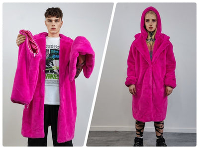 Neon fur coat raver trench multiple color fluorescent psychedelic overcoat bright bomber festival fleece jacket custom going out peacoat