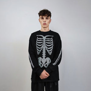 Rib bones t-shirt reflective skeleton sweatshirt thin gothic top luminous skull jumper shiny rave sweater punk pullover rocker tee in black