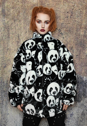 Panda fleece jacket animal print fluffy retro bomber black