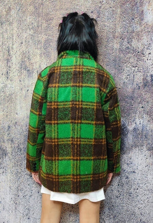 Plaid fleece blazer woollen check jacket retro bomber green