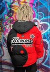 Skeleton puffer split color bomber jacket grunge varsity red