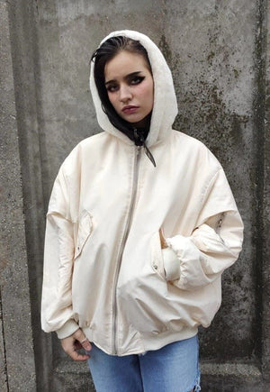 Reversible fleece MA-1 jacket faux fur hood bomber cream