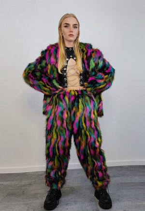 Hooded faux fur stripe neon jacket festival bomber rave coat