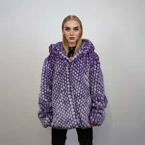 Hooded checked faux fur jacket geometric bomber bright raver coat fluffy winter fleece festival trench neon burning man overcoat in purple