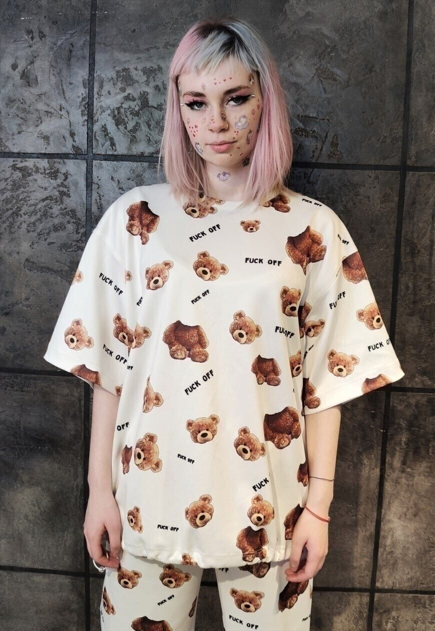 Decapitated teddy t-shirt handmade edgy bear print tee white