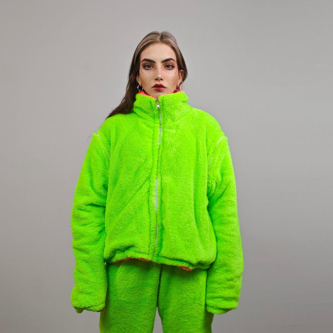Neon green fleece joggers rave pants fluorescent trousers carnival tracksuit party overalls fluffy jumpsuit fuzzy burning man festival set