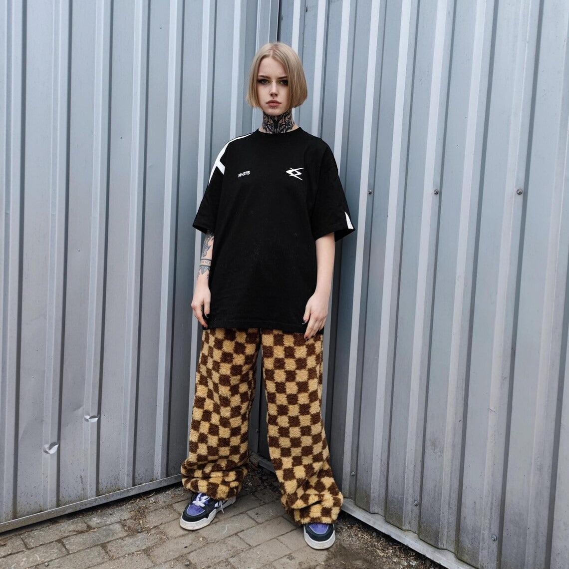 Checked fleece joggers brown Fluffy plaid trousers luxury SKA check pants handmade party hotpants geometric festival set raver tracksuit