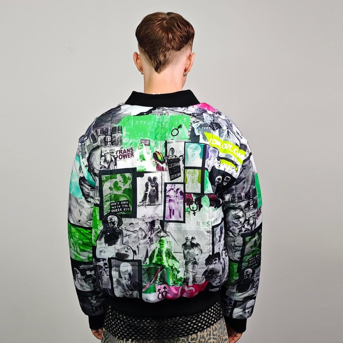 Gay bomber LGBT community print jacket lesbian reversible trans college varsity detachable sleeves handmade queer print raver coat