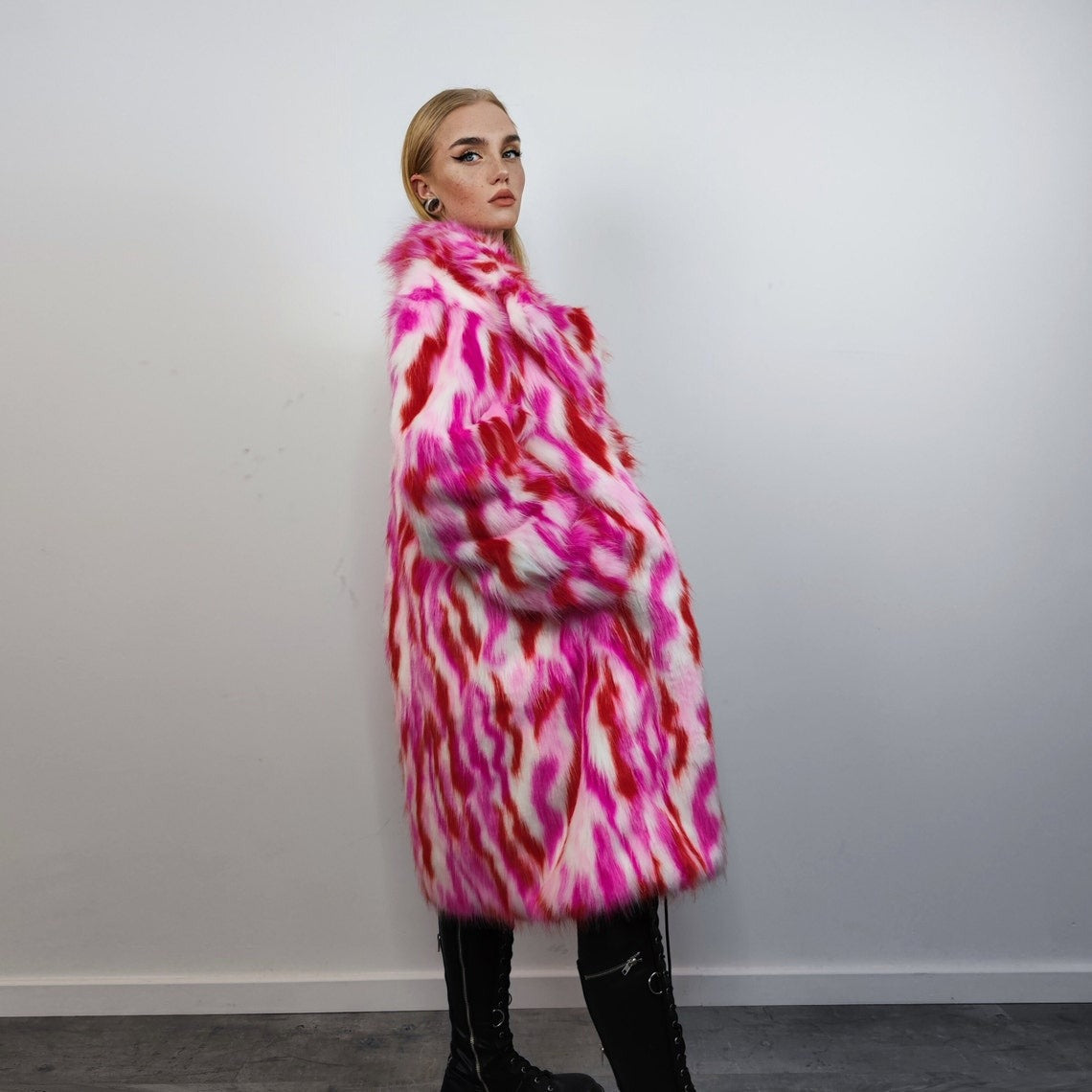 Faux fur long striped coat zebra trench neon raver bomber fluffy tie-dye winter fleece festival jacket burning man going out coat red pink