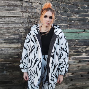 Gothic fleece bomber 2 in1 detachable handmade zebra jacket