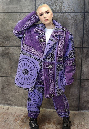 Paisley fleece coat hand made bandanna trench jacket purple