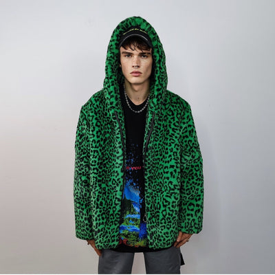 Hooded faux fur leopard jacket animal print bomber bright raver coat fluffy cheetah fleece festival puffer neon burning man overcoat green