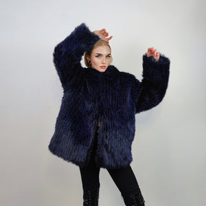 Hooded shaggy faux fur coat luxury fuzzy bomber luminous raver puffer fluffy fleece long hair going out trench burning man overcoat blue