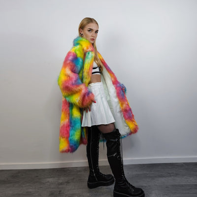 Rainbow fur long coat unicorn trench neon raver bomber fluffy tie-dye fleece psychedelic festival jacket burning man going out coat orange