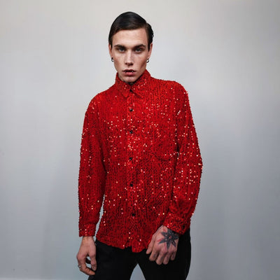 Sequin embellished shirt long sleeve glitter blouse shiny fancy dress top going out sweatshirt boho sparkly jumper in red