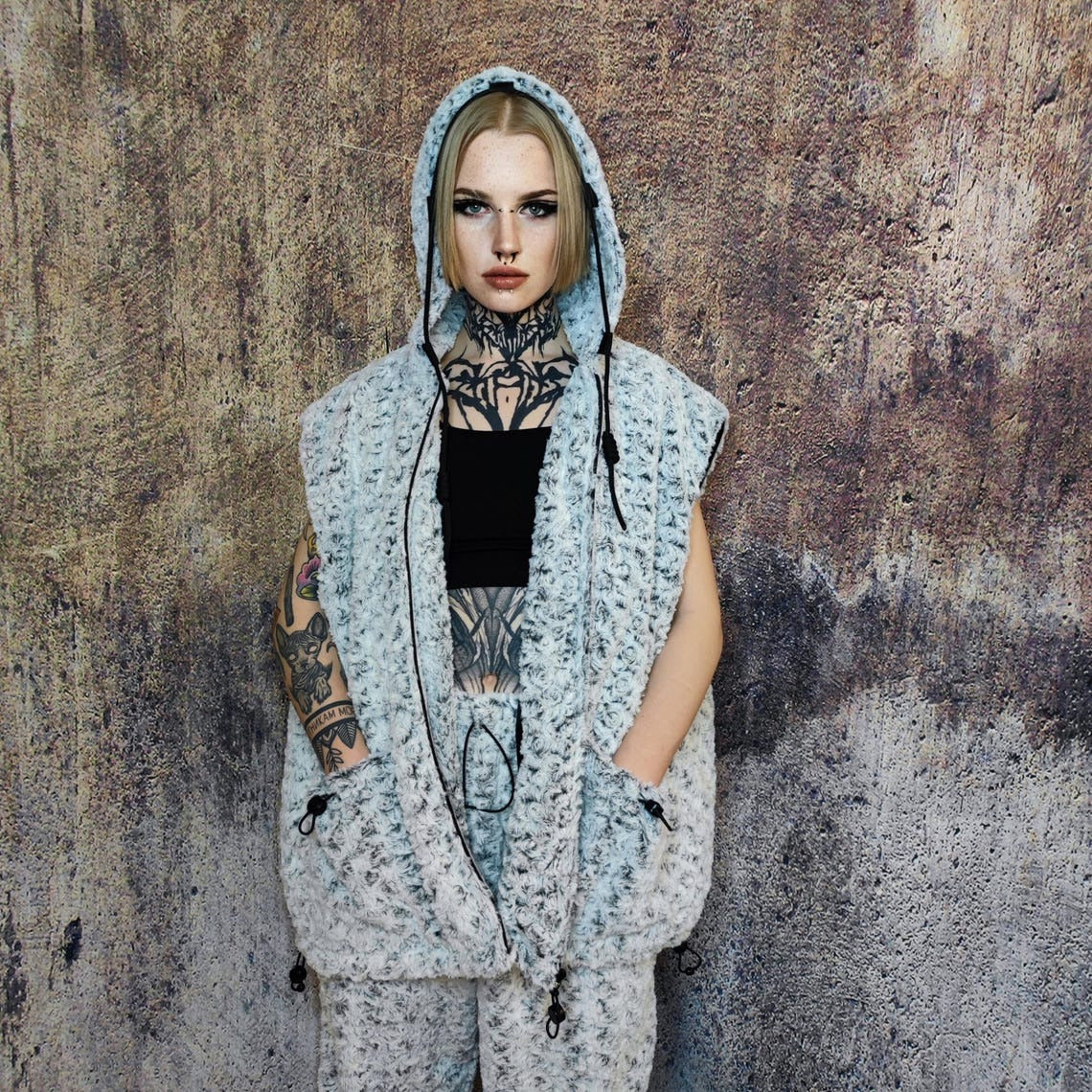 Fluffy fleece jacket hooded geometric bomber luxury grunge coat detachable sleeves handmade rose pattern overcoat fuzzy festival set grey