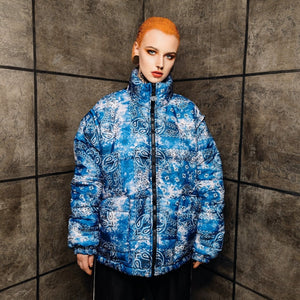 Paisley bomber handmade detachable bandanna puffer tie-dye jacket cashew print bomber two sided gradient jacket in blue