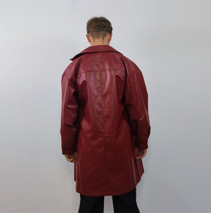 Mid length faux leather coat PU utility trench jacket gorpcore raver varsity going out rubbery high fashion puffer in burgundy red