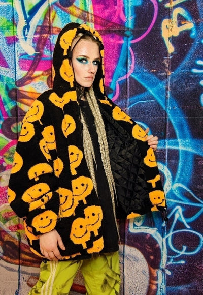 Emoji fleece jacket handmade detachable raver puffer black