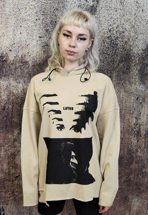 Unusual stitching hoodie Creepy eye punk pullover in cream