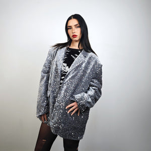 Silver sequin blazer glitter embellished bomber metallic tuxedo going out jacket iridescent party bomber luminous fancy frock eras varsity