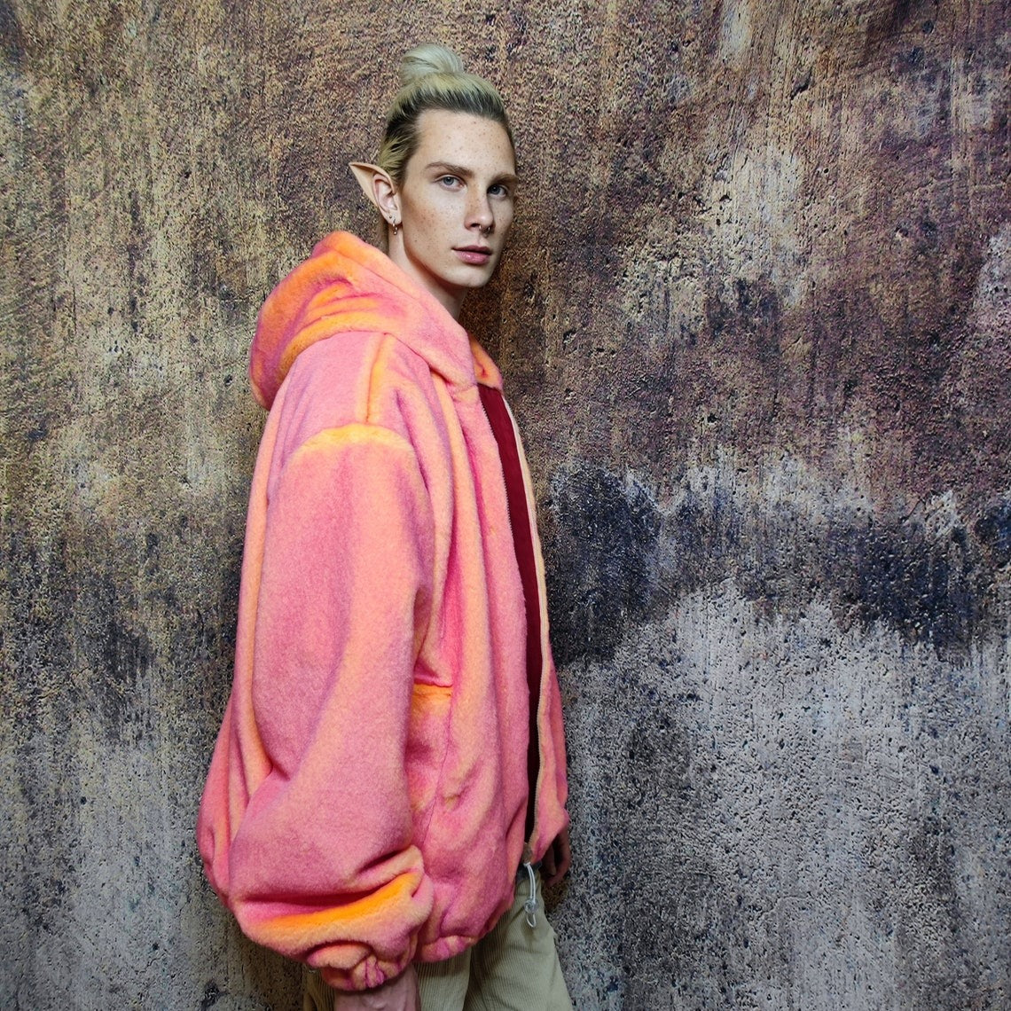 Luxury faux fur jacket handmade detachable fluffy bomber fluorescent luminous puffer premium grunge coat in bright neon pink orange