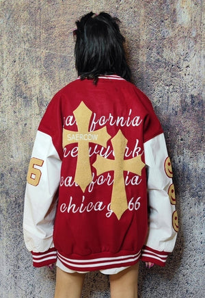 Emoji patch varsity jacket college baseball bomber in red