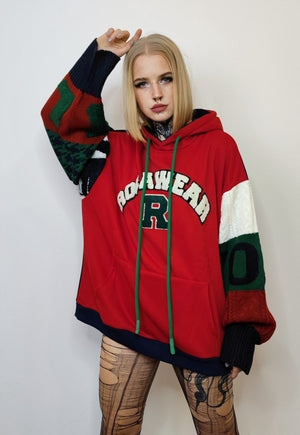 Knitted sleeves hoodie patchwork pullover color block jumper