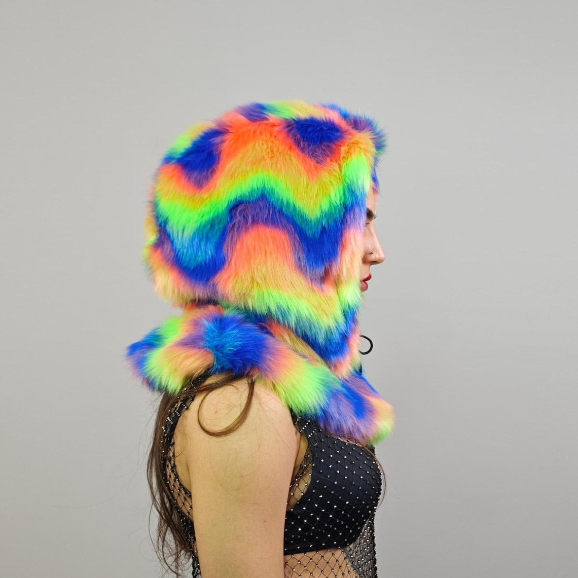 Faux fur hood rainbow snood handmade hooded unicorn hat all over fluffy rave fleece scarf unisex burning man striped bucket grunge headwear
