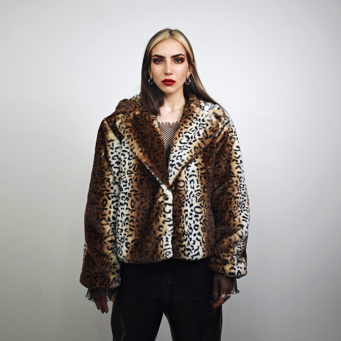 Animal print collarless coat brown short leopard jacket cheetah trench faux fur detachable sleeves spot pattern festival overcoat fleece