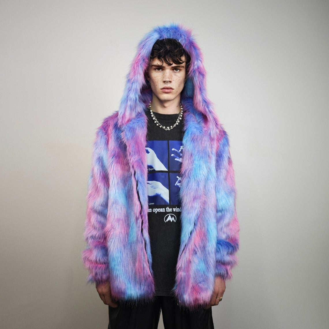 Neon faux fur jacket collarless pastel coat bright raver bomber fluffy rainbow fleece luminous festival pullover burning man overcoat blue