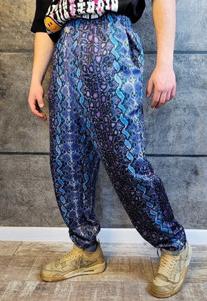 Snake print joggers handmade Python overalls in purple blue