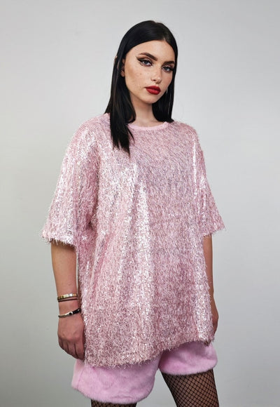 Fluffy party top pastel pink shiny luminous rave jumper