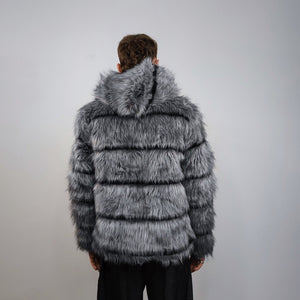 Striped fox fur jacket hooded grey shaggy mink coat fuzzy going out bomber mountain party fleece fancy dress fluffy peacoat rocker overcoat