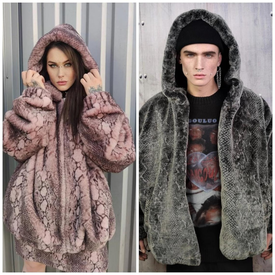 Snake faux fur jacket green hooded short python coat crocodile rave pullover fluffy detachable sleeves festival overcoat burning man fleece