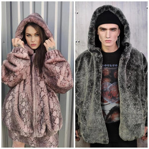 Snake faux fur jacket green hooded short python coat crocodile rave pullover fluffy detachable sleeves festival overcoat burning man fleece