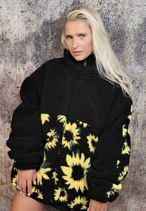 Sunflower fleece bomber handmade daisy floral sports jacket