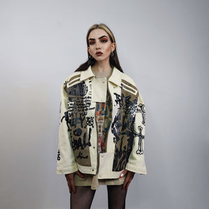 Graffiti denim jacket punk jean bomber utility color block bomber grunge aviator gorpcore festival coat rocker varsity rebel blazer in brown