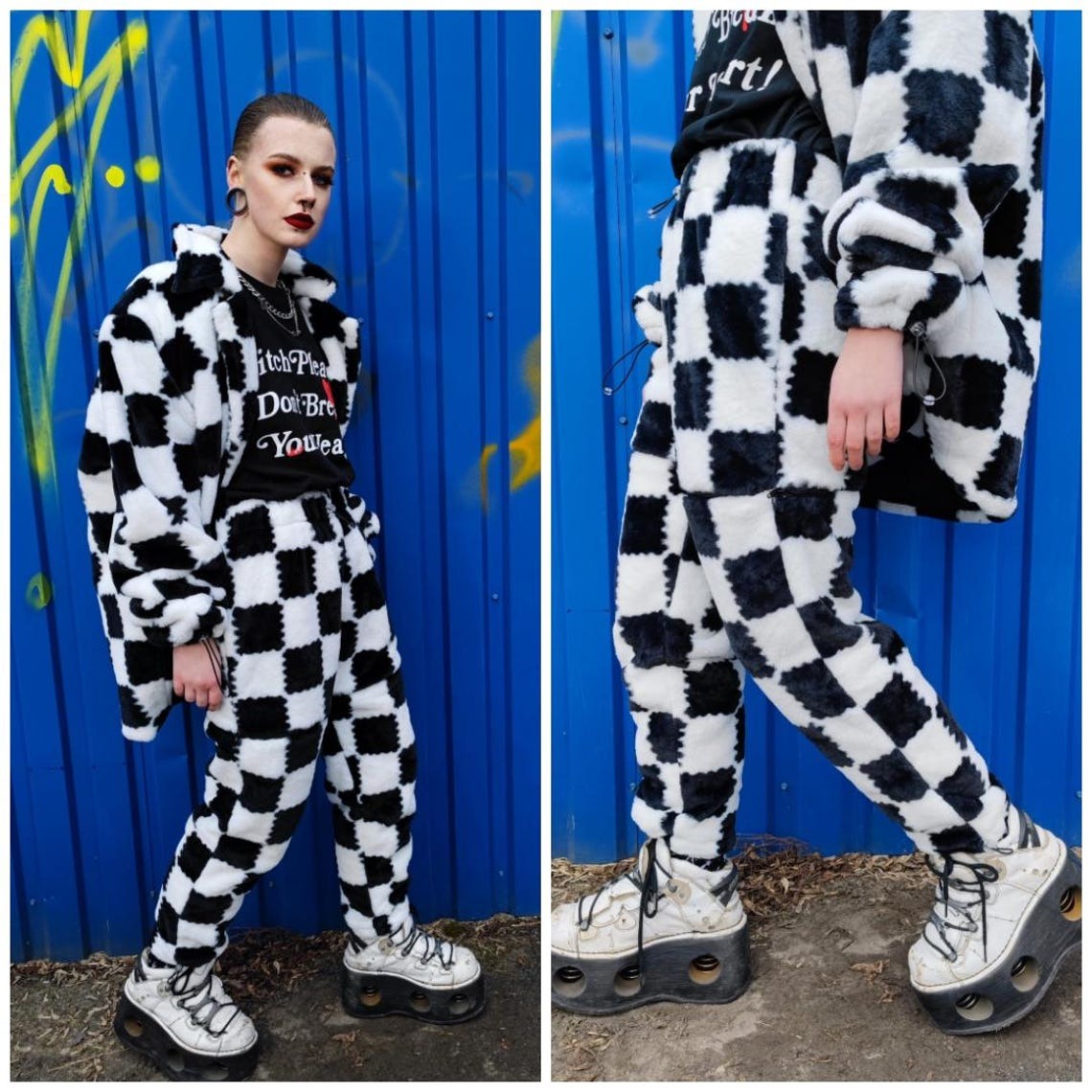 Checked trench coat faux fur white black overcoat plaid jacket SKA bomber detachable sleeves handmade rave puffer festival Coachella fleece