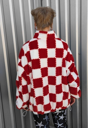 Reversible check fleece jacket handmade chess coat red