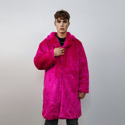 Red faux fur longline coat shaggy trench bright raver bomber fluffy winter fleece festival jacket burning man coat