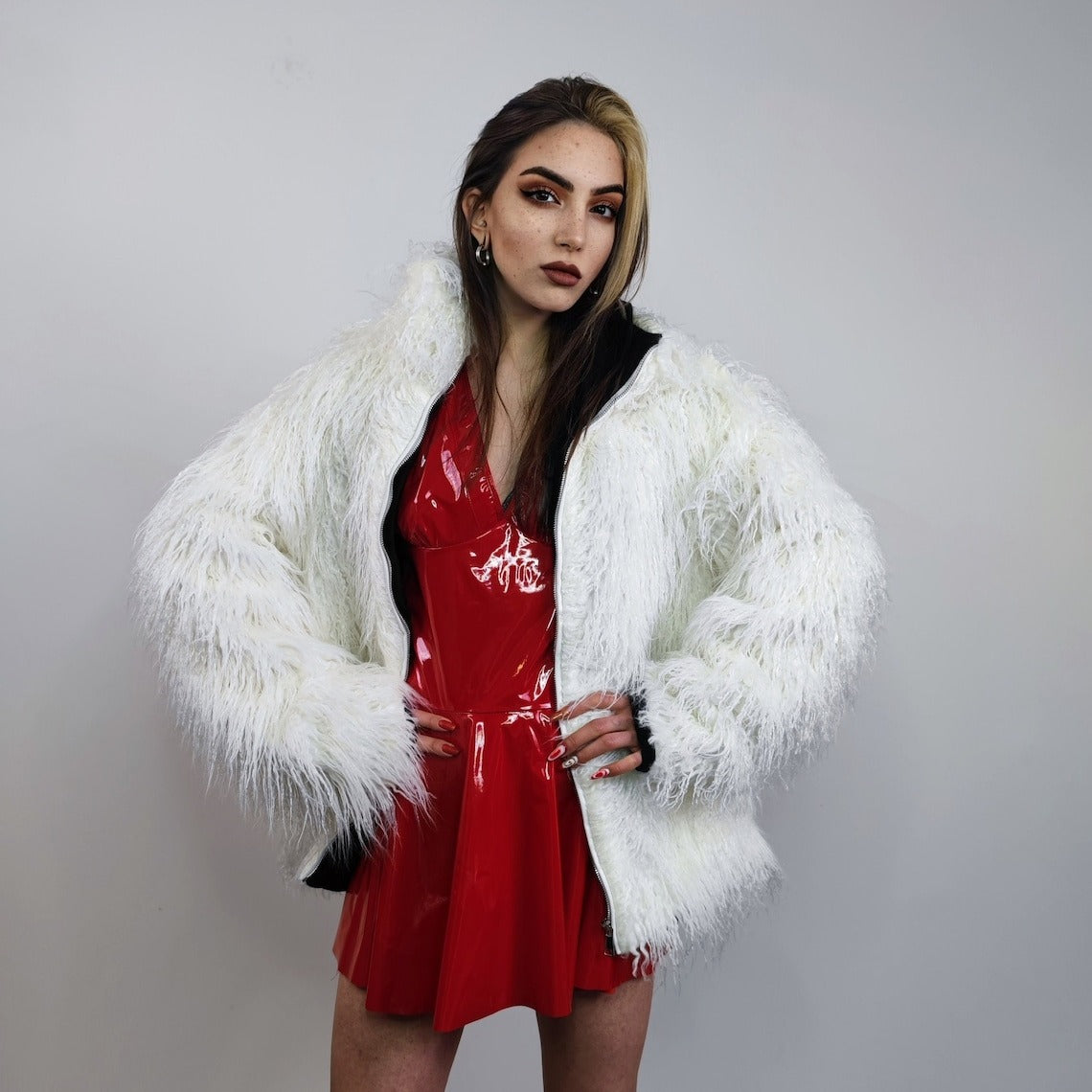 Shaggy faux fur jacket white long hair fluffy going out bomber party fleece fancy dress peacoat high fashion fuzzy Gothic coat rave puffer