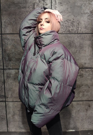 Luminous bomber shiny jacket reflective puffer silver purple