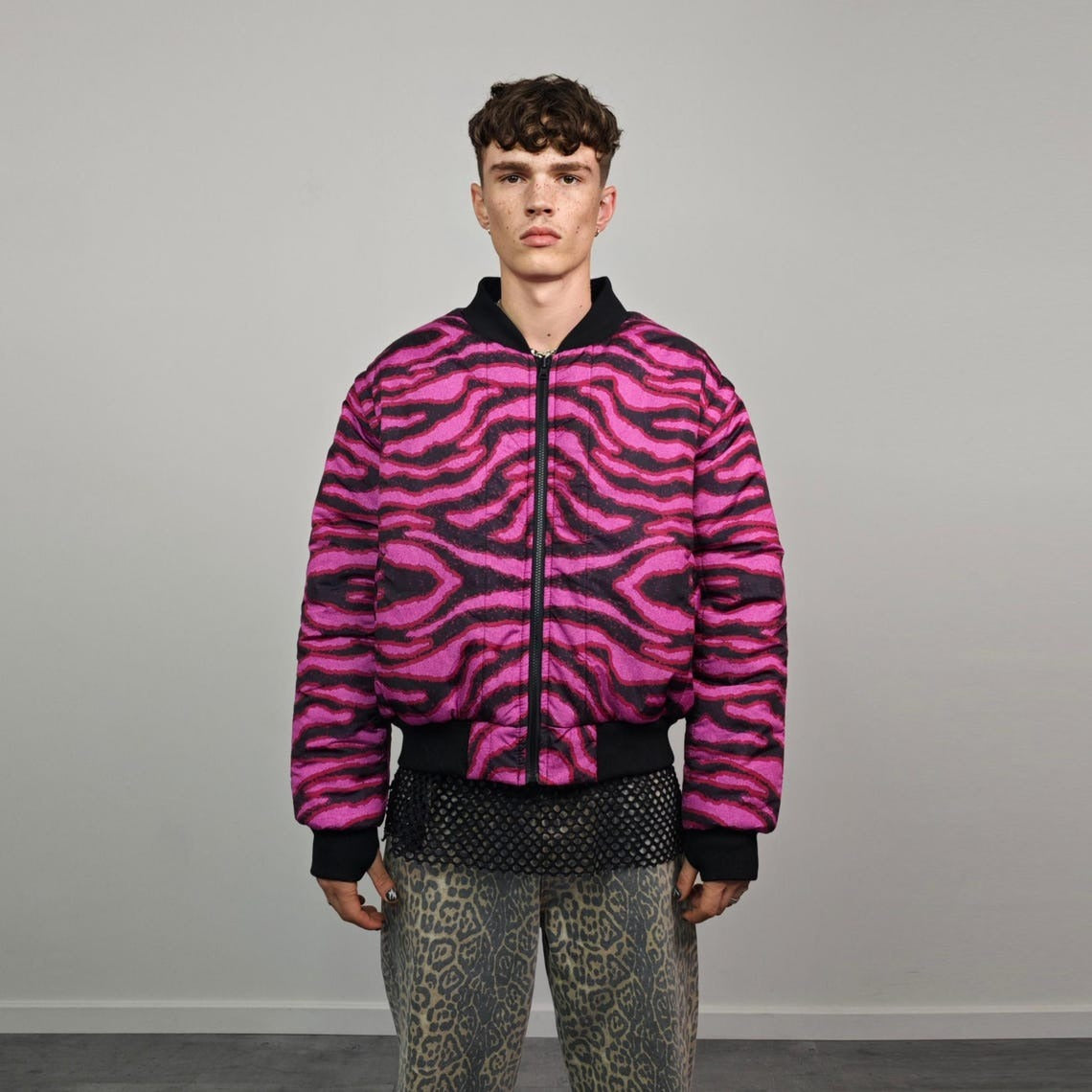 Leopard jacket neon pink animal print bomber reversible cheetah college varsity detachable sleeves handmade rave puffer grunge festival coat