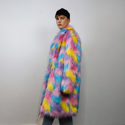 Marshmallow faux fur long coat unicorn trench raver bomber fluffy tie-dye fleece rainbow festival jacket burning man going out coat in pink