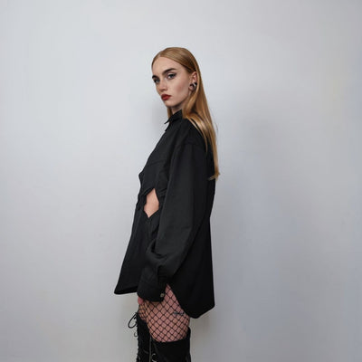 Cut out shirt long sleeve geometric hole top mesh blouse see-through oversize gothic top bondage sweatshirt crotchet jumper in black