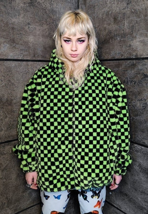 Checkerboard fleece jacket detachable check jacket in green