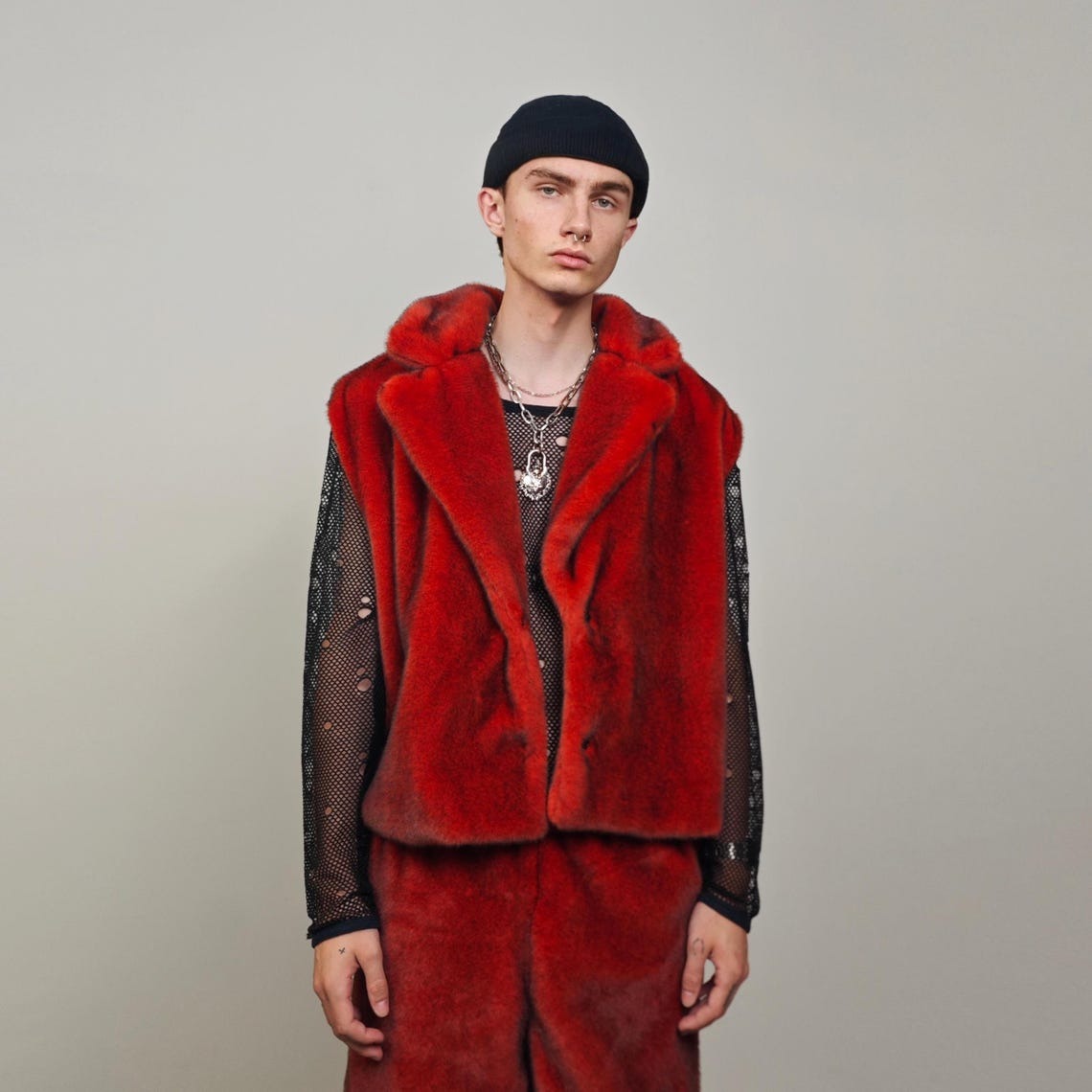 Red faux fur coat cropped trench short going out jacket grunge detachable sleeves handmade luxury festival overcoat fleece