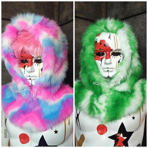 Snake print hood red faux fur snood handmade hooded hat python cap allover fluffy fleece scarf unisex bucket grunge winter festival headwear