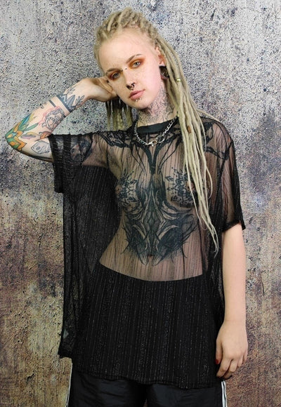 Oversize mesh top vertical stripe luxury see-through t-shirt